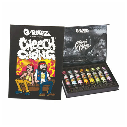 Open display case with G-Rollz and Cheech & Chong branding, featuring various cone products.
