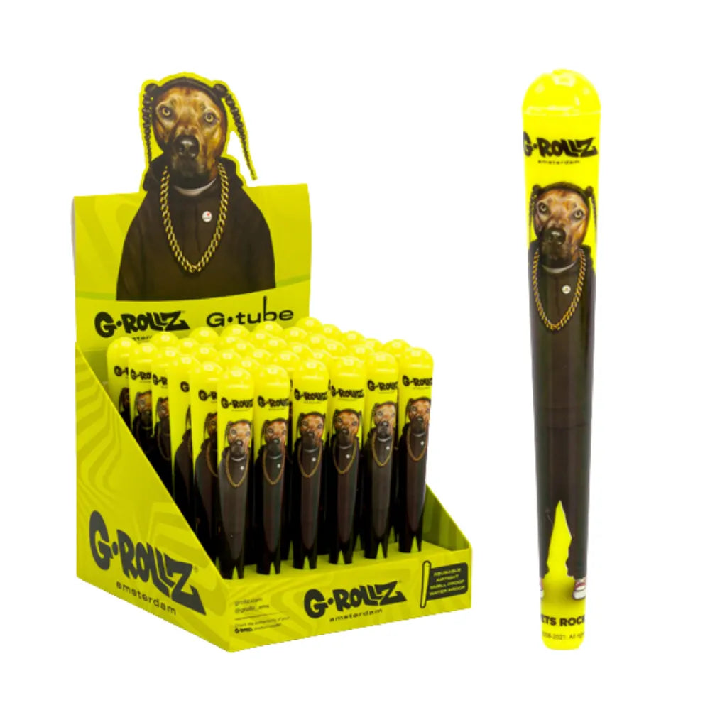 G-Rollz "G-Tube" cone holders - Pets Rock Dogg design - with packaging on a white background