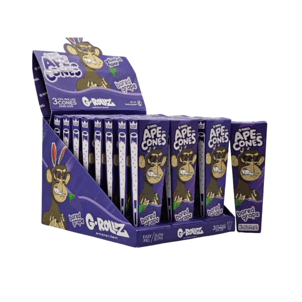 Colourful display of G-Rollz Ape Cones in Bored Grape flavour on a white background