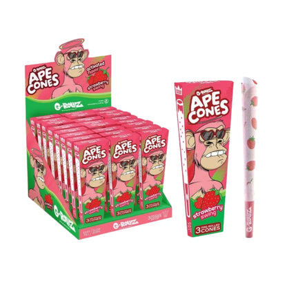 Colourful display of G-Rollz Ape Cones in Strawberry Swing flavour on a white background