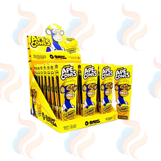 Display of G-Rollz Ape Cones packaging with cartoon monkey character on a white background
