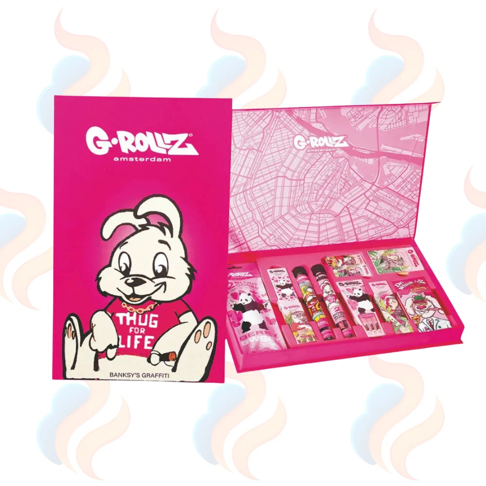 Pink G-Rollz smoking set with cartoon character on a white background