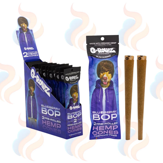 G-Rouz Blueberry BOP hemp cones packaging with a display box and two cones on a white background.