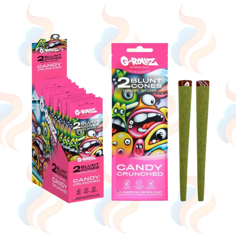 G-Rollz USA Hemp cones candy flavored rolling paper packaging with two green rolling papers on a white background.