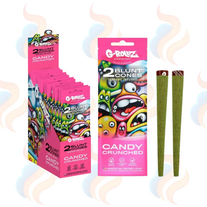 G-Rollz USA Hemp cones candy flavored rolling paper packaging with two green rolling papers on a white background.