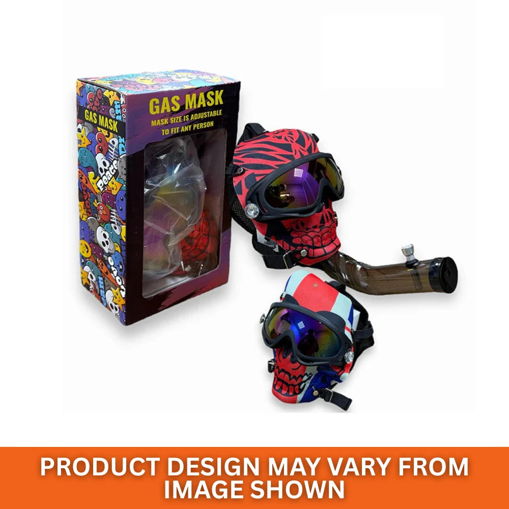 2 Gas mask bongs with graffiti-style packaging on a white background