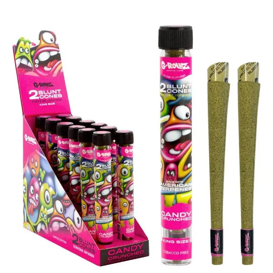 Colourful Display of G-Rollz King-Size Blunt Cones in Candy Crunched flavour with two cones next to a container.