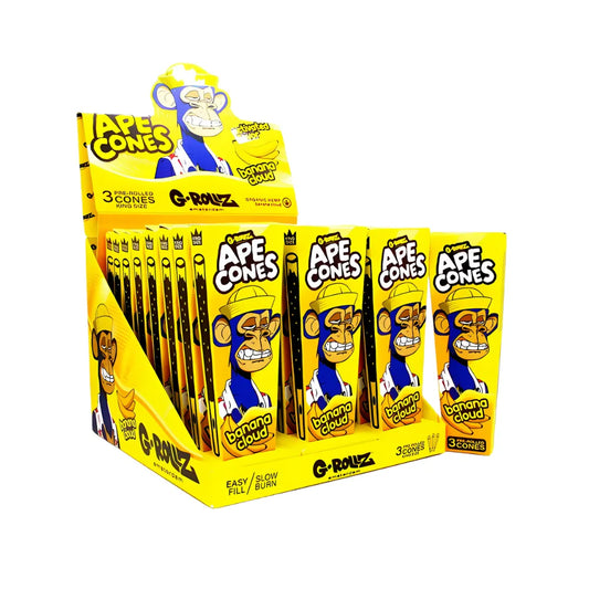 Colourful display of G-Rollz Ape Cones in Banana Cloud flavour on a white background