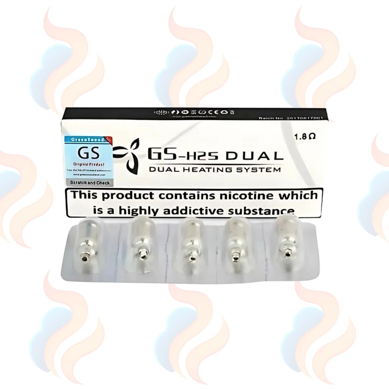 GS-H2S Dual heating system packaging with nicotine warning label and product details.