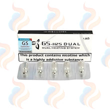 GS-H2S Dual heating system packaging with nicotine warning label and product details.