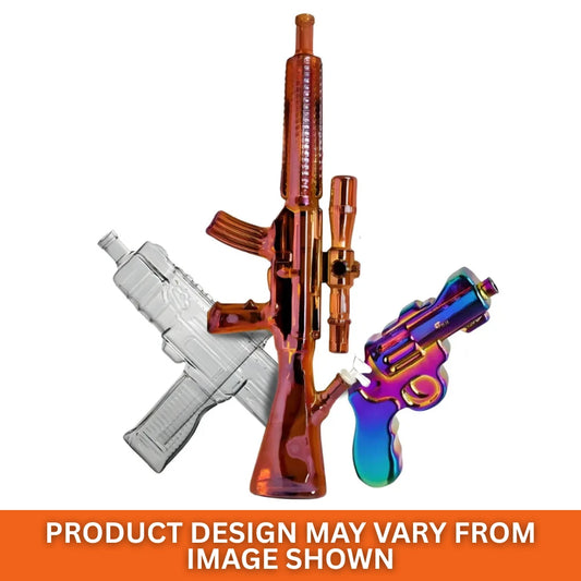 Three metallic-style colourful gun inspired bongs in different sizes on a white background