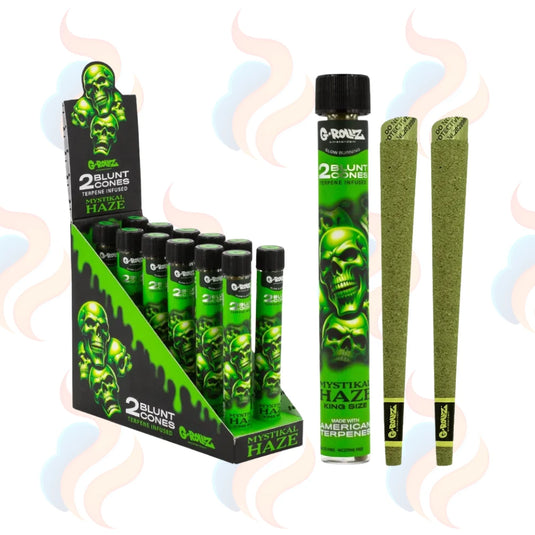 Display of 2 Blunt Cones packaging with green and black design, featuring a "G-Rollz" brand logo.