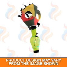 Colourful gas mask bong with smoke effects on a white background