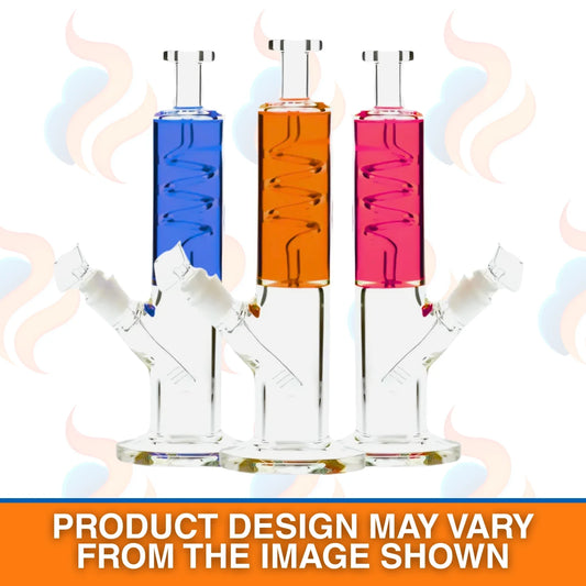 Three glass smoking devices with coloured top sections on a white background.