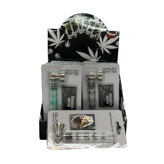 Display of 12 glass pipes in black packaging with white leaf designs on a white background