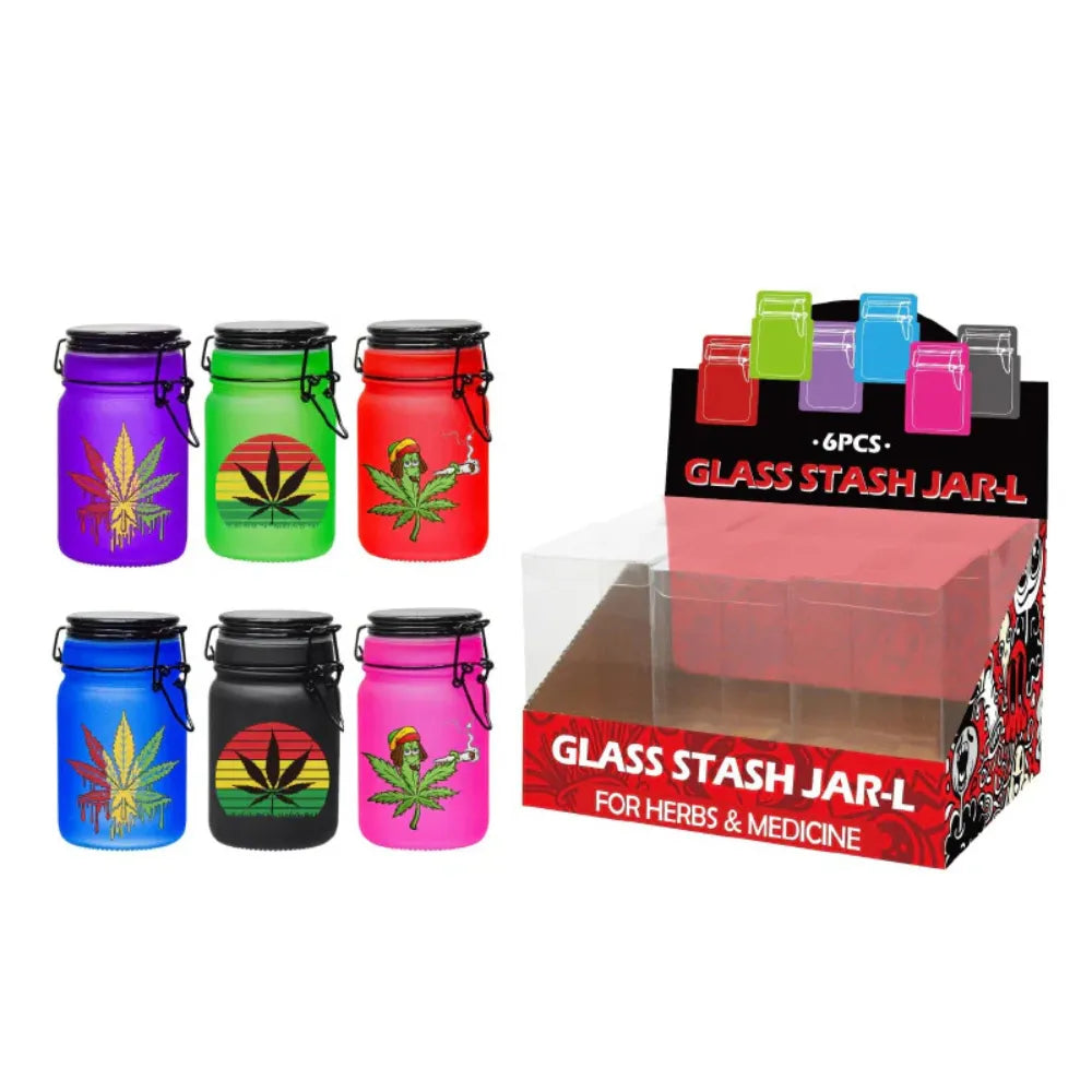 Set of colourful glass stash jars with packaging on a white background