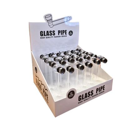 Display box of 24 clear dry-glass pipes with a white background