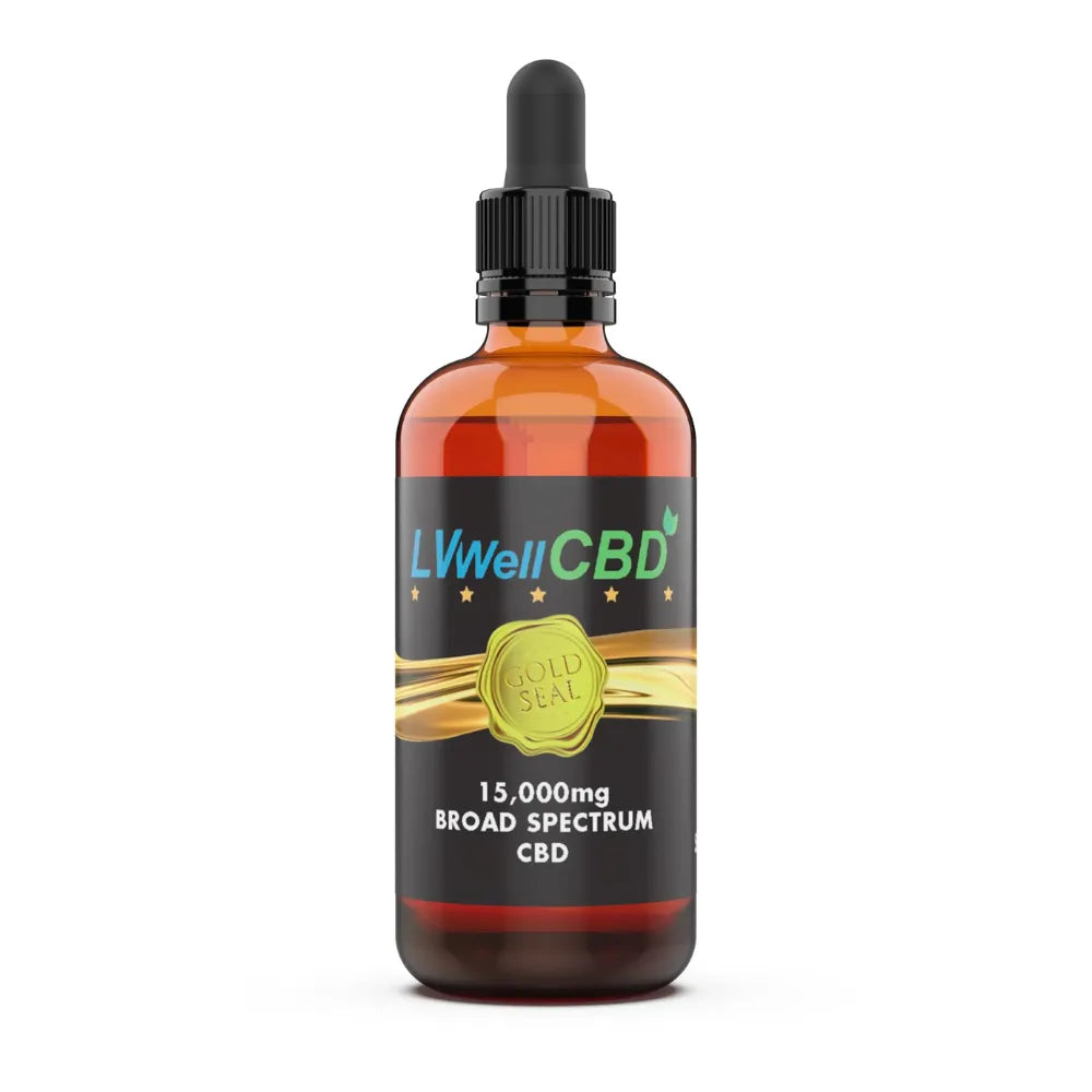 Bottle of LVWell CBD oil with a dropper on a white background
