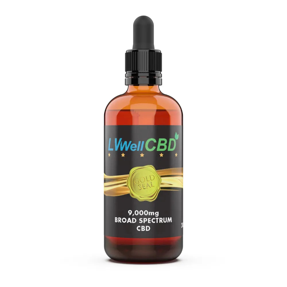 Bottle of LVWell CBD oil with a dropper on a white background