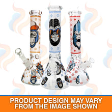 Three artistic glass smoking devices with colourful designs on a white background.