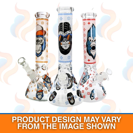 Three artistic glass smoking devices with colourful designs on a white background.