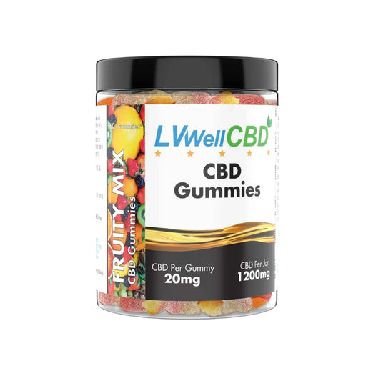 Jar of LVWell CBD Gummies with colorful gummy bears on a white background
