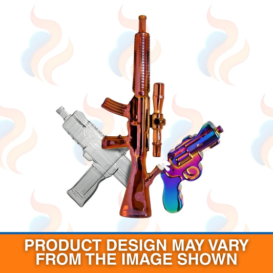 Three novelty gun-inspired bongs in different colours on a white background with smoke effects.