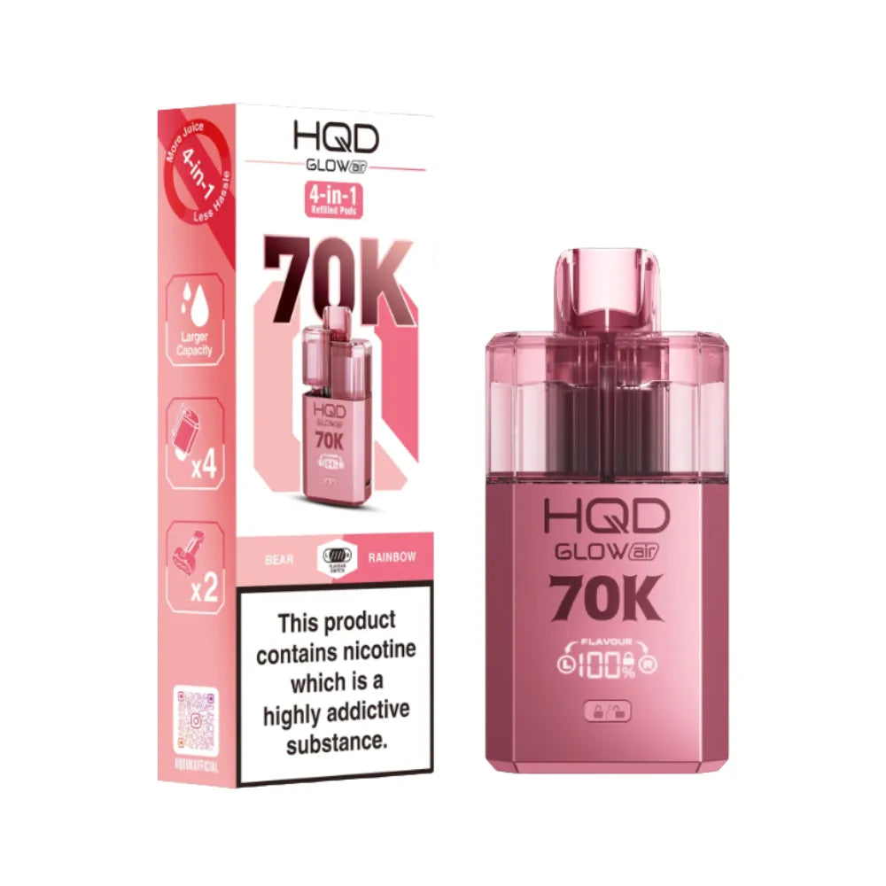 Pink HQD Glow vape device and packaging on a white background