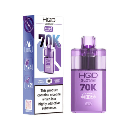 Purple HQD Glow vape device and packaging on a white background