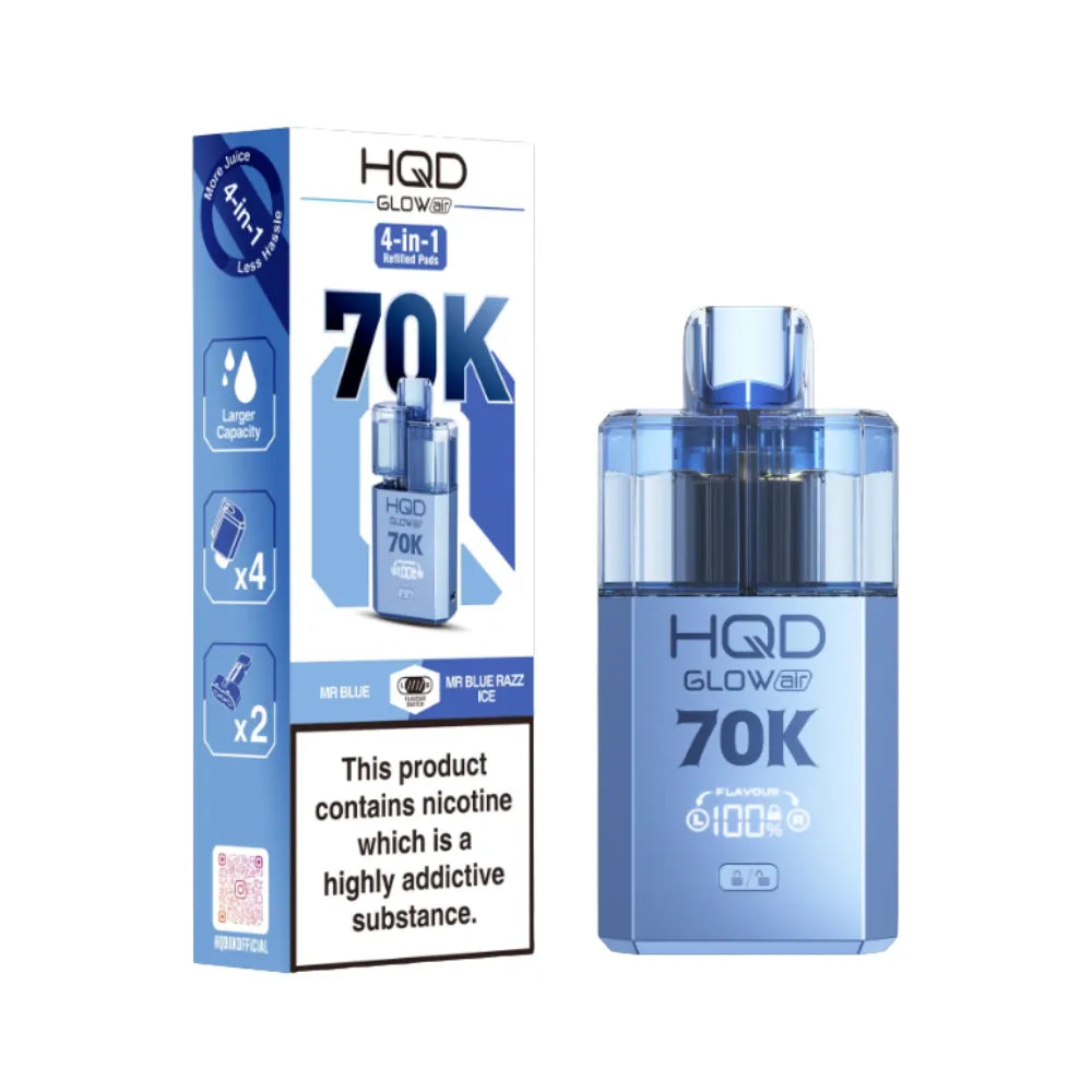 HQD Glow vape device and packaging on a white background