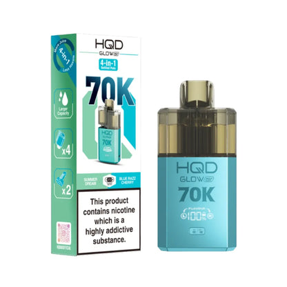 HQD Glow 70K vape device and packaging on a white background