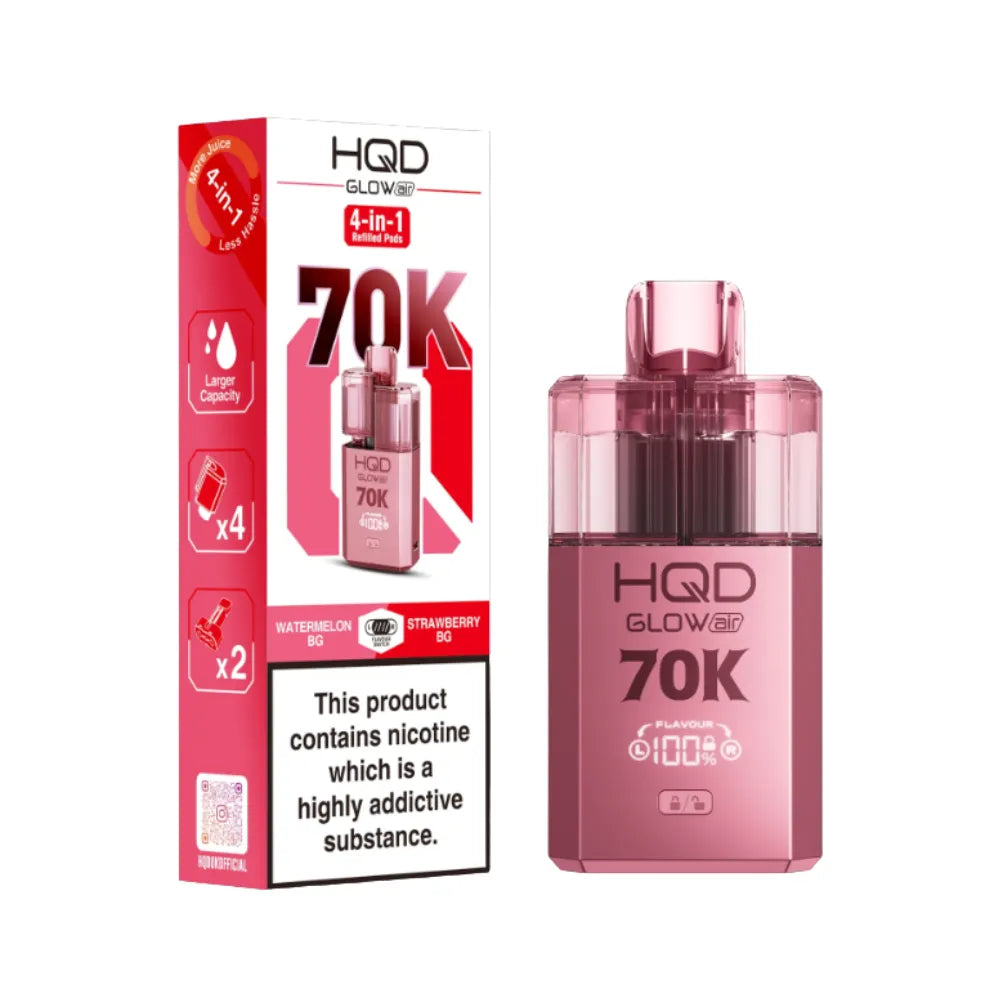 HQD Glow 70K vape device and packaging on a white background