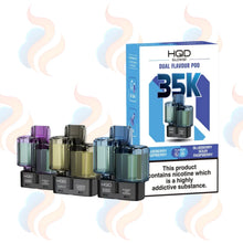 Three HQD vape refill pods with packaging on a white background.