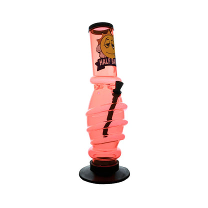 Pink and black spiral bong with cartoon face on a white background