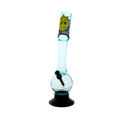 Blue acrylic bong with a black base on a white background