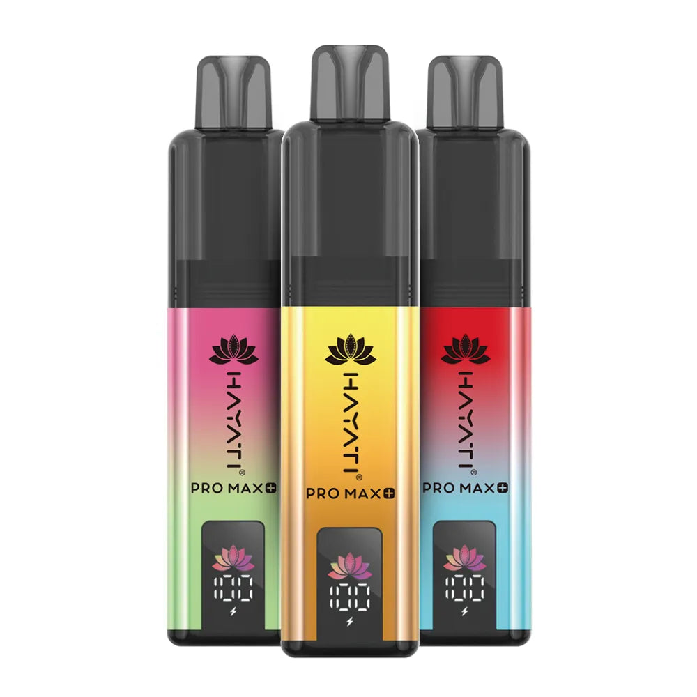 Three colorful vape devices with 'hayati' branding on a white background
