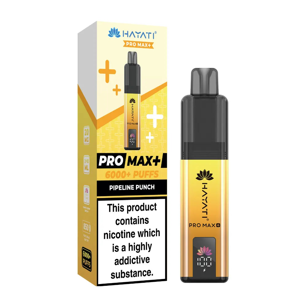 Hayati Pro Max+ vape device and packaging on a white background