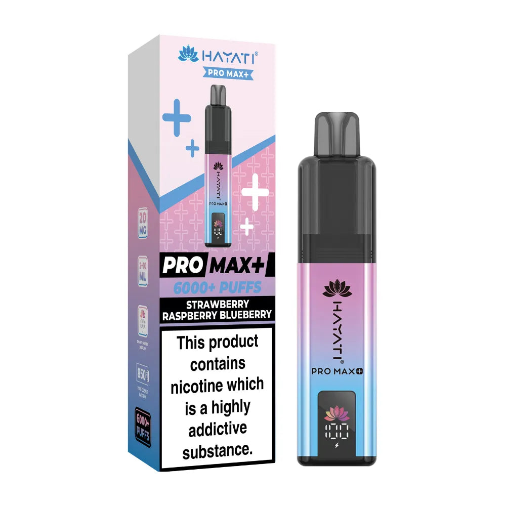Hayati Pro Max+ vape device and packaging on a white background