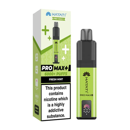 Hayati Pro Max+ vape device and packaging on a white background