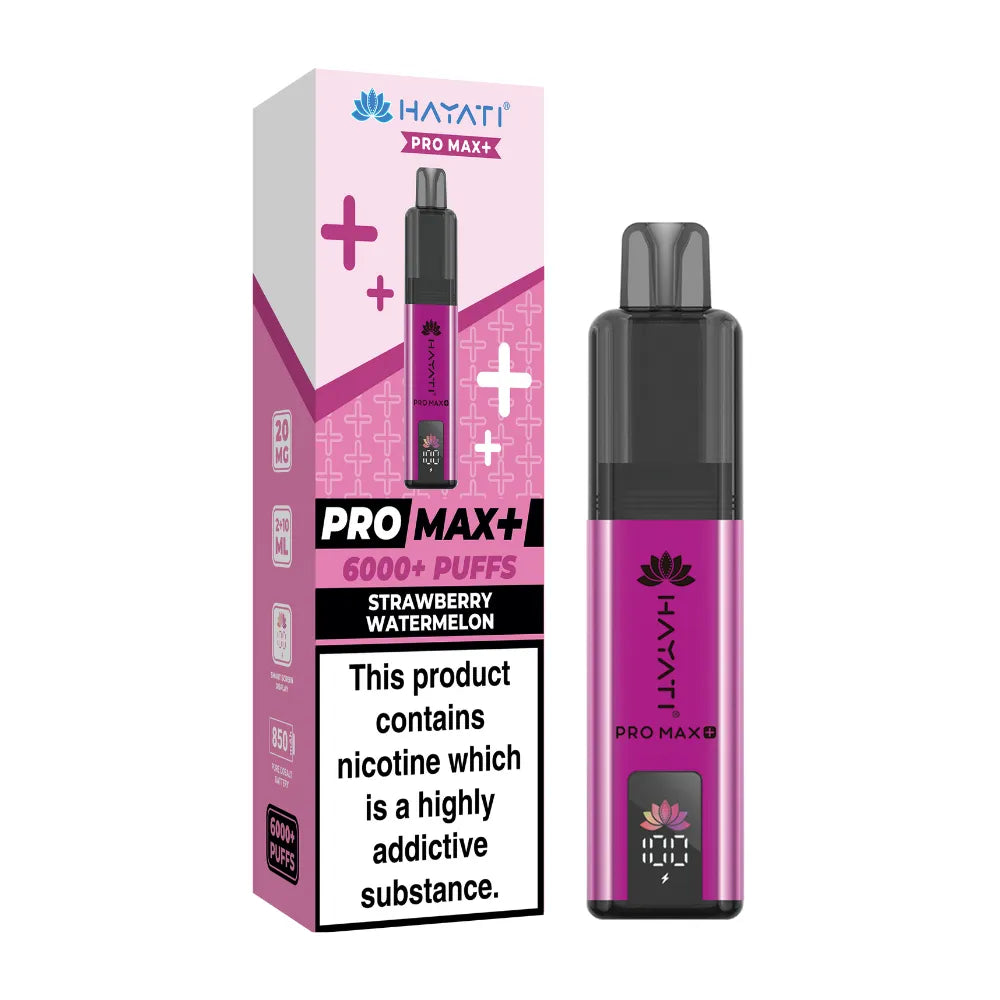 Hayati Pro Max+ vape device and packaging on a white background