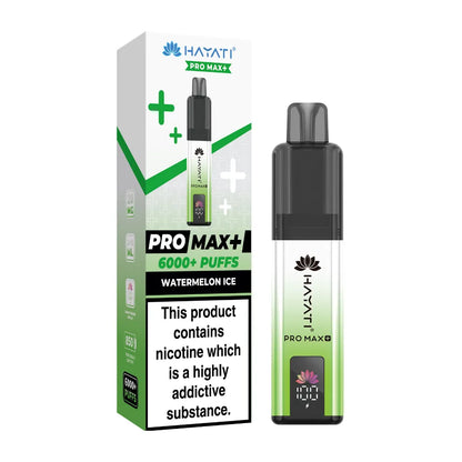 Hayati Pro Max+ vape device and packaging on a white background