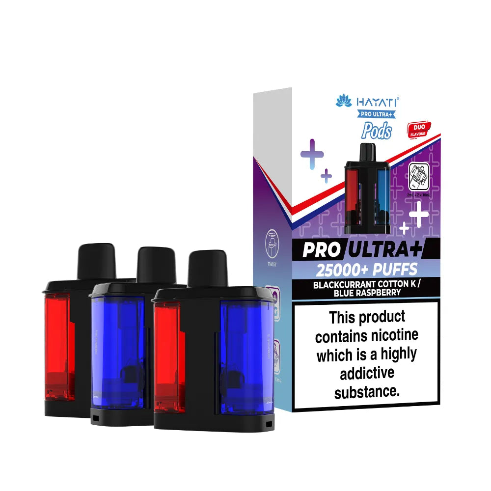 hayati 25k pods with blue and red tanks and a branded box on a white background