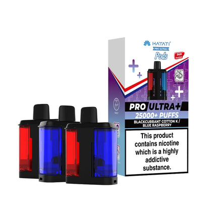 hayati 25k pods with blue and red tanks and a branded box on a white background