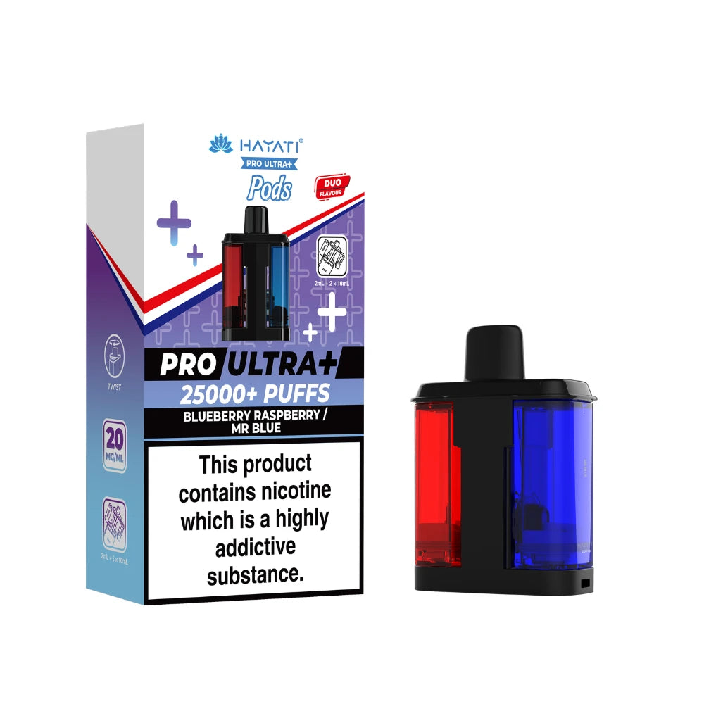 Hayati Pro Ultra+ "Blue Raspberry / Mr Blue" Refill Pod with colourful packaging on a white background.