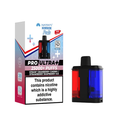 Hayati Pro Ultra+ "Straw' Cherry Cranberry / Strawberry Raspberry Ice" Refill Pod with colourful packaging on a white background.