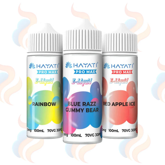Three bottles of Hayati Pro Max E-Liquid with colourful labels on a white background.