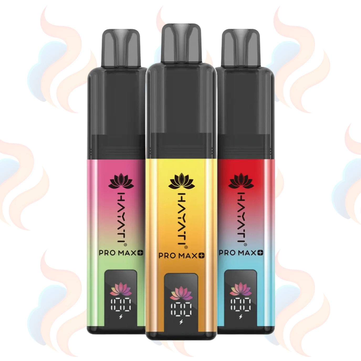 Three colourful vape devices with 'Hayati Pro Max+' branding on a white background