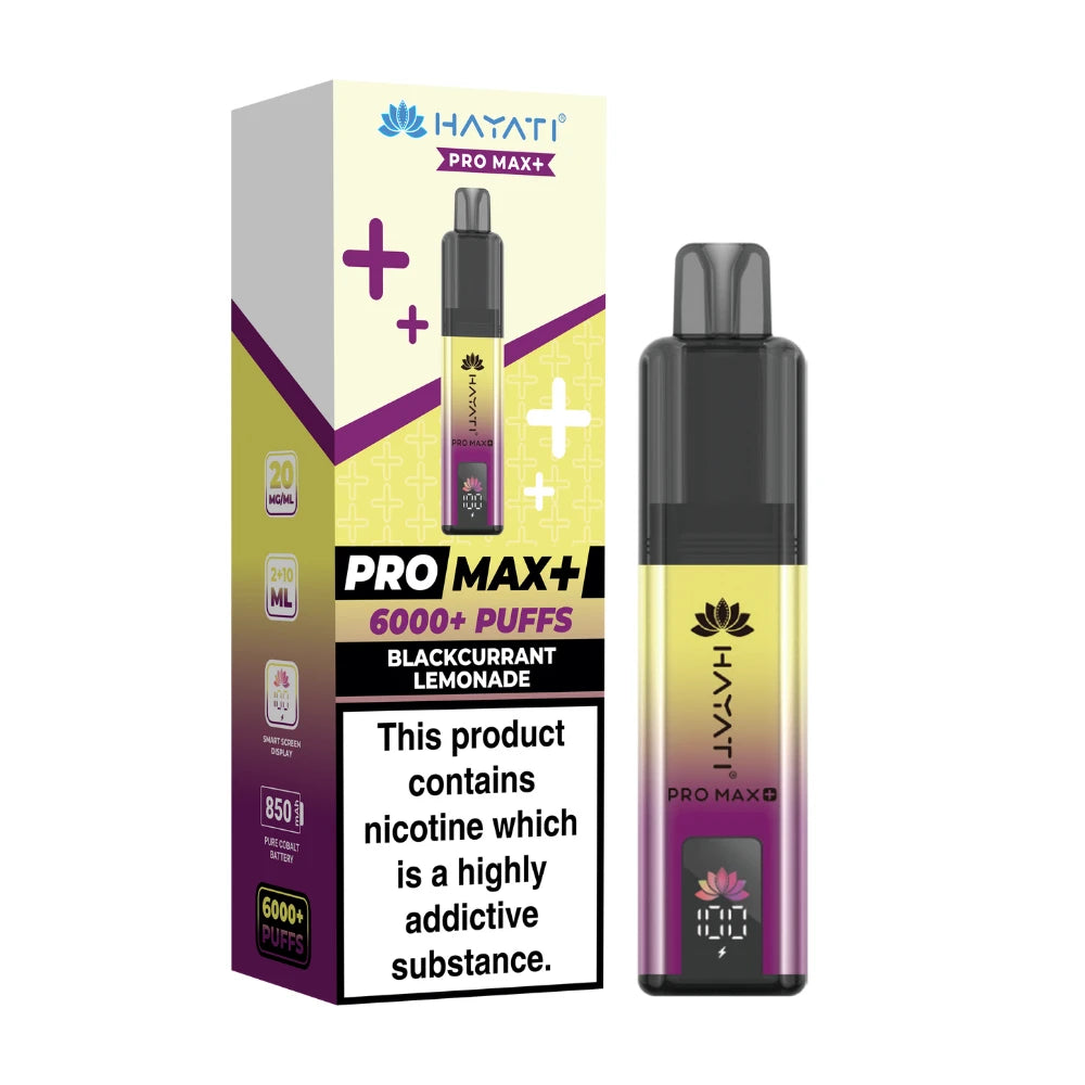 Hayati Pro Max+ vape device in "Blackcurrant Lemonade" flavour and packaging on a white background
