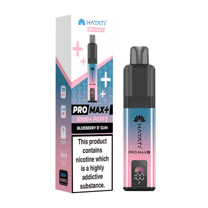 Hayati Pro Max+ vape device in "Blueberry B'Gum" flavour and packaging on a white background