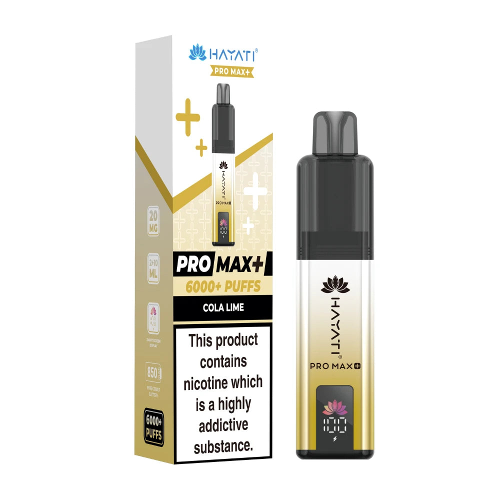 Hayati Pro Max+ vape device in "Cola Lime" flavour and packaging on a white background